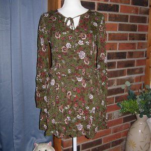 Copper Key Olive Floral Tie Neck Ruffled Dress M